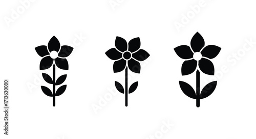 Minimalist black and white illustration of three stylized floral designs
