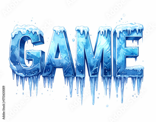 Frozen word "GAME" with icy texture and dripping icicles isolated on transparent background.