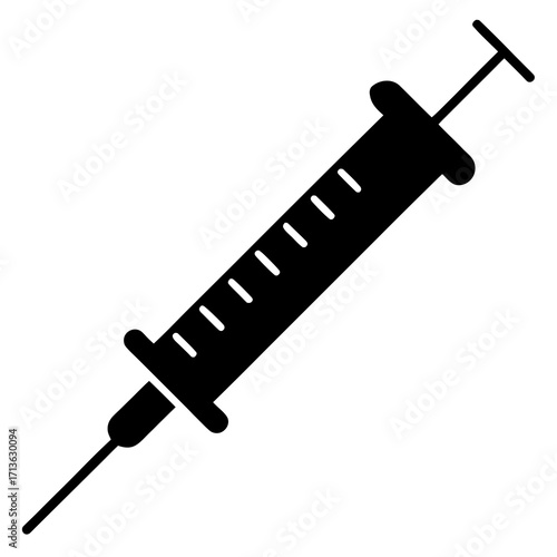 Simple black silhouette of a medical syringe with a needle and markings on a white background