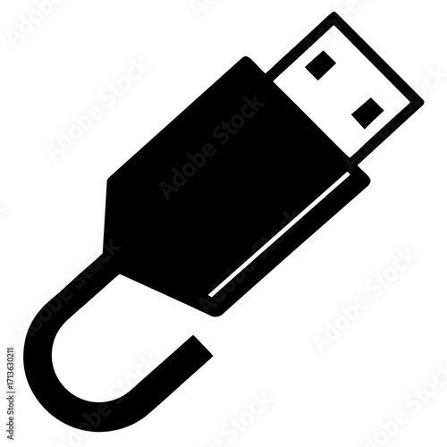 Black silhouette of a usb connector with a curved cable on a white background
