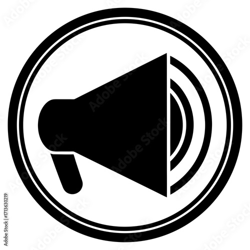 Black megaphone icon with sound waves inside a circular frame representing announcement and communication