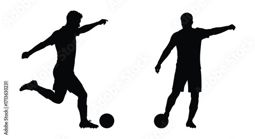 Silhouettes of two men in dynamic poses playing with a soccer ball