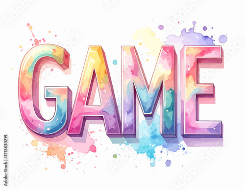 Colorful watercolor word "GAME" with vibrant hues and artistic paint splatters isolated on transparent background.