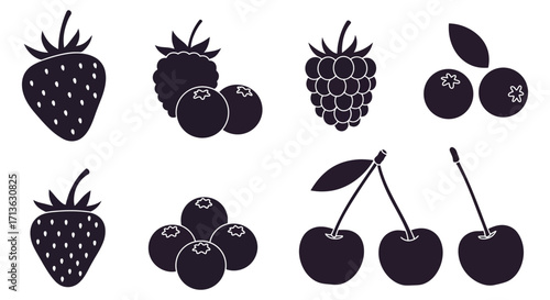 Black silhouette collection of various berries and cherries on white