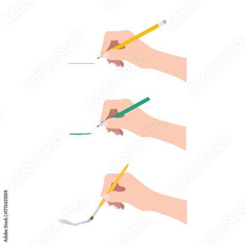 Three hands holding different writing and drawing instruments on a white background