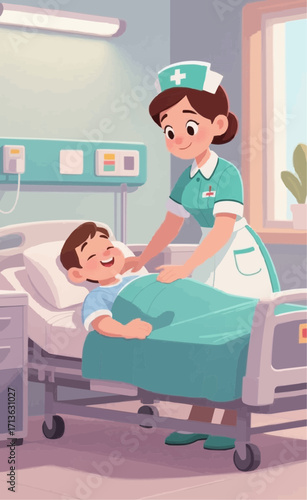 A cheerful nurse in a green and white uniform is attending to a young boy in a hospital bed. The boy is smiling brightly while the nurse gently places her hands on his chest, creating a heartwarming 
