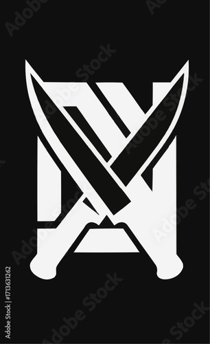 This is a black-and-white graphic featuring two crossed **knives** in the center. The **knives** are stylized with a sleek, modern design. The logo is set against a dark background, creating a bold