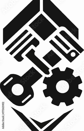 This is a bold, black and white graphic featuring stylized engine components. It shows two pistons with connecting rods, one overlapping a gear or sprocket, all contained within a sharp.