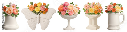 PNG Elegant floral ceramic decorations, element set on transparent background