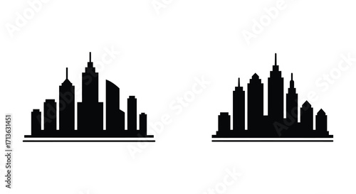 A simple black and white illustration of two city skylines side by side