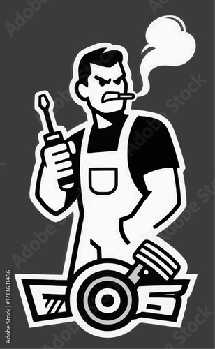 This is a stylized black and white graphic of a mechanic in overalls. He has an angry expression, holds a screwdriver, and smokes a cigarette that emits a white smoke cloud. He stands 