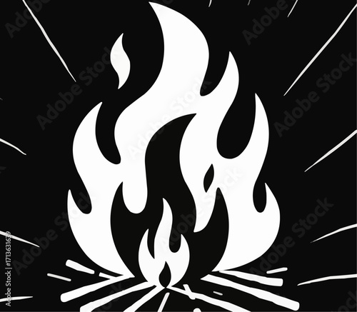 This is a high-contrast, black and white graphic illustration of a bonfire or campfire. The large, stylized white flames are detailed with smaller licks of fire and rest upon white logs or