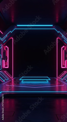 A futuristic,  dark space, lit by vibrant neon pink and turquoise lights, highlighting a raised platform.
