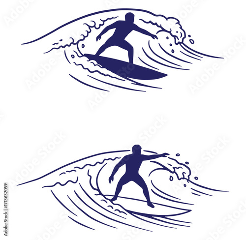 Surfers riding waves silhouette illustration design representing sport and leisure activities