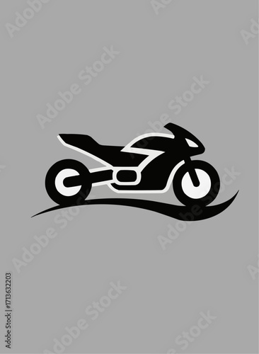 This is a stylized graphic of a motorcycle in profile, rendered in black and white against a solid gray background. The design features bold, sweeping lines and solid shapes.