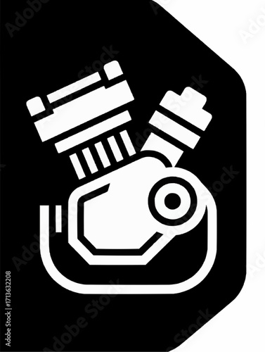 This is a stark, black and white graphic illustration of a V-twin engine. The design is highly stylized and geometric, rendered in thick white lines and solid shapes against a solid black.