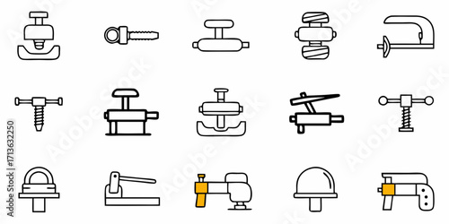 Illustration showing a variety of different types of clamps and vises in a simple black and white style