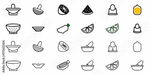 Depiction of various kitchenware items and fruit slices arranged in a grid pattern on a white background