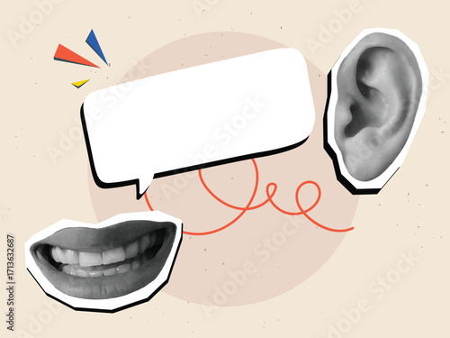 Smiling lips, empty speech bubble and ear. Speaking and hearing concept. Modern collage style. Vector illustration