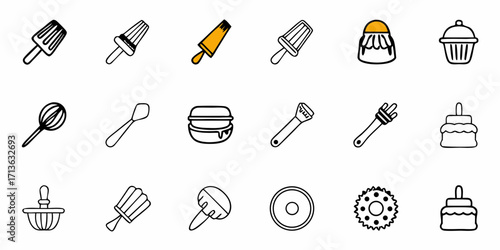 Collection of various kitchen utensils and dessert items including cakes and ice cream treats icons
