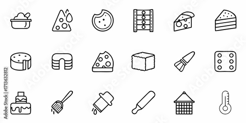 Outline drawing showing various food items including cheese cake and cooking utensils in black and white