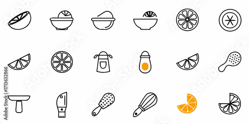 Collection of kitchen and citrus icons featuring oranges lemons and various kitchen utensils in a row