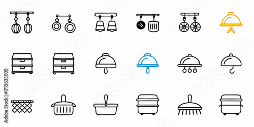 Illustration featuring a variety of kitchen related items and cooking equipment in a line art style