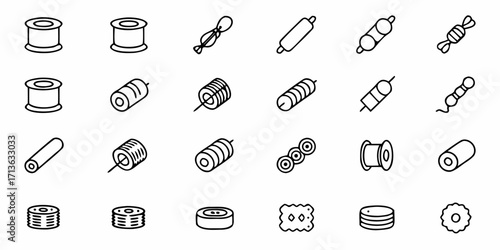 Collection of various spools, cylinders, and disc shaped objects in simple outline drawing style design