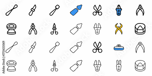 A collection of various tools including scissors, knives, and other specialized instruments displayed