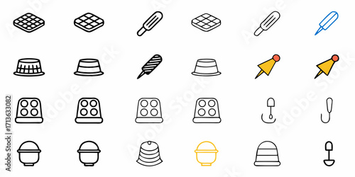 Various sewing and crafting tools including thimbles, pins, and other equipment depicted in rows and columns