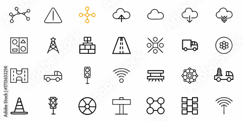 Collection of various transport infrastructure and network related icons in a simple line art style