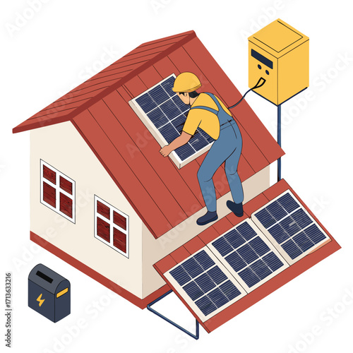 Vector art of a worker installs solar panels on a house roof, representing renewable energy and sustainable technology