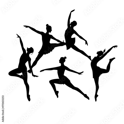 Vector art of silhouette of five ballet dancers in various graceful poses