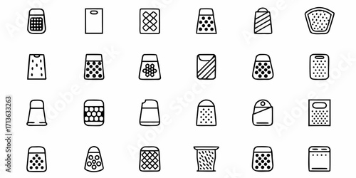 Collection of twenty four black outline icons of various cheese graters and cutting boards on white