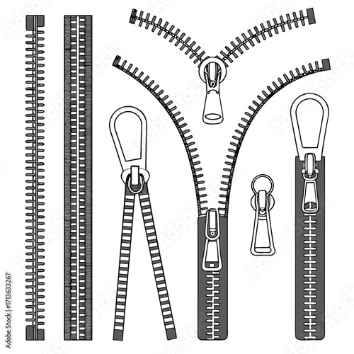 Vector art of collection of zipper elements, including open and closed zippers, sliders, and pull tabs