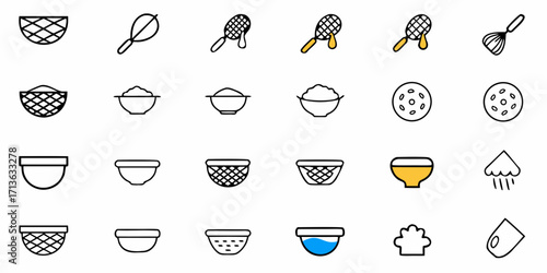 Depiction of various kitchen utensils and containers including bowls, whisks, and other cooking tools