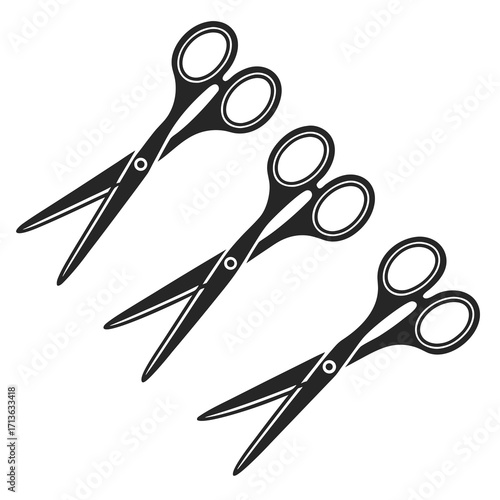 Vector art of three black scissors with white handles isolated on a, symbolizing cutting or division