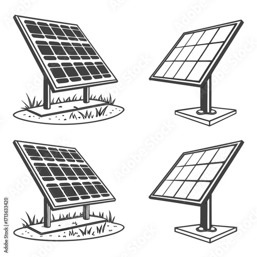 Vector art of set of four solar panel illustrations, two with grass and two on white bases
