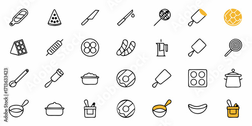 Illustration of various food items and kitchen utensils arranged in a grid pattern on a white background