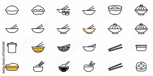Collection of various food icons including bowls chopsticks and dim sum in a vector graphic