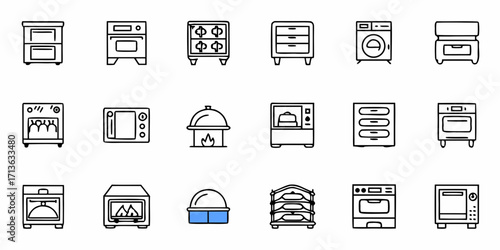 Collection of various kitchen appliances including ovens stoves and washing machine in outline style