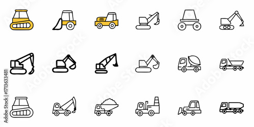 Illustration of various construction vehicles including excavators and dump trucks in a grid layout