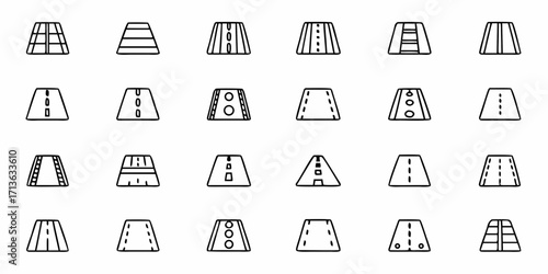 Illustration showing a variety of road designs and street layouts in simple black and white line art style