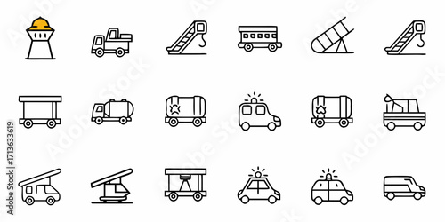 Illustration of airport vehicles and infrastructure elements in a line art style design format