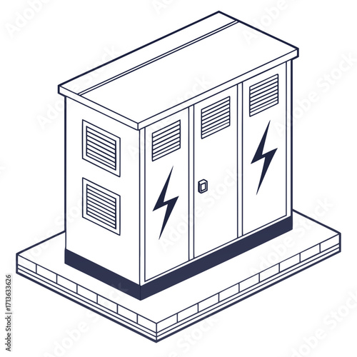Vector art of isometric line drawing of an electrical transformer box with lightning bolt symbols