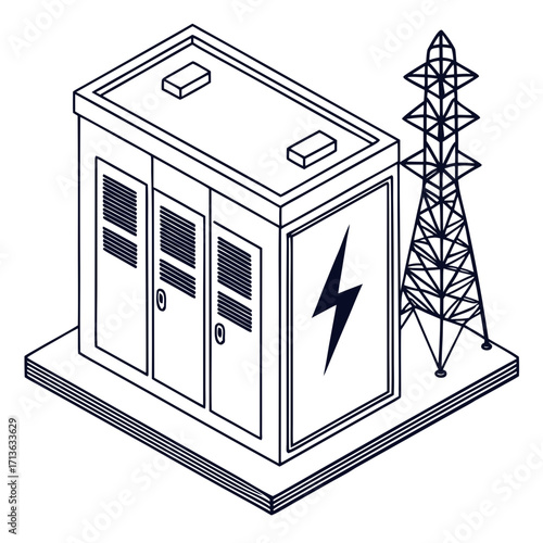 Vector art of isometric illustration of an electrical substation with a power line tower