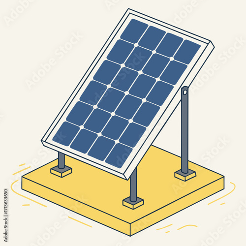 Vector art of a simple illustration of a solar panel mounted on a yellow base with blue cells, representing renewable energy and sustainability