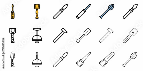 Illustration of various hand tools including screwdrivers spatulas and other manual instruments in a row
