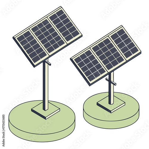Vector art of two solar panels mounted on stands, illustrating renewable energy technology and sustainable power generation