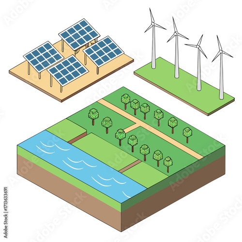Vector art of isometric illustration of renewable energy sources including solar panels and wind turbines, with a river and trees